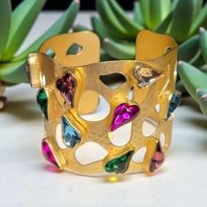 Romantic Huge 18k Matte Gold Plated Heart Crystal Bangle Cuff Statement Bracelet